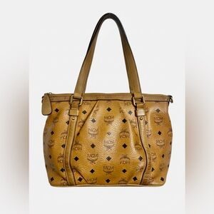 MCM Cognac Visetos Monogram Top-Zip Tote Bag with Crossbody Strap.